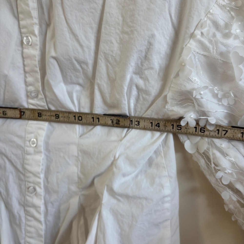 Gracia White 3D Floral Applique Mesh Sleeve Button Down Blouse Size M - Picture 6 of 9